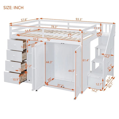 Merax Full Size Wood Loft Bed With Built-in Wardrobes, Cabinets and Drawers