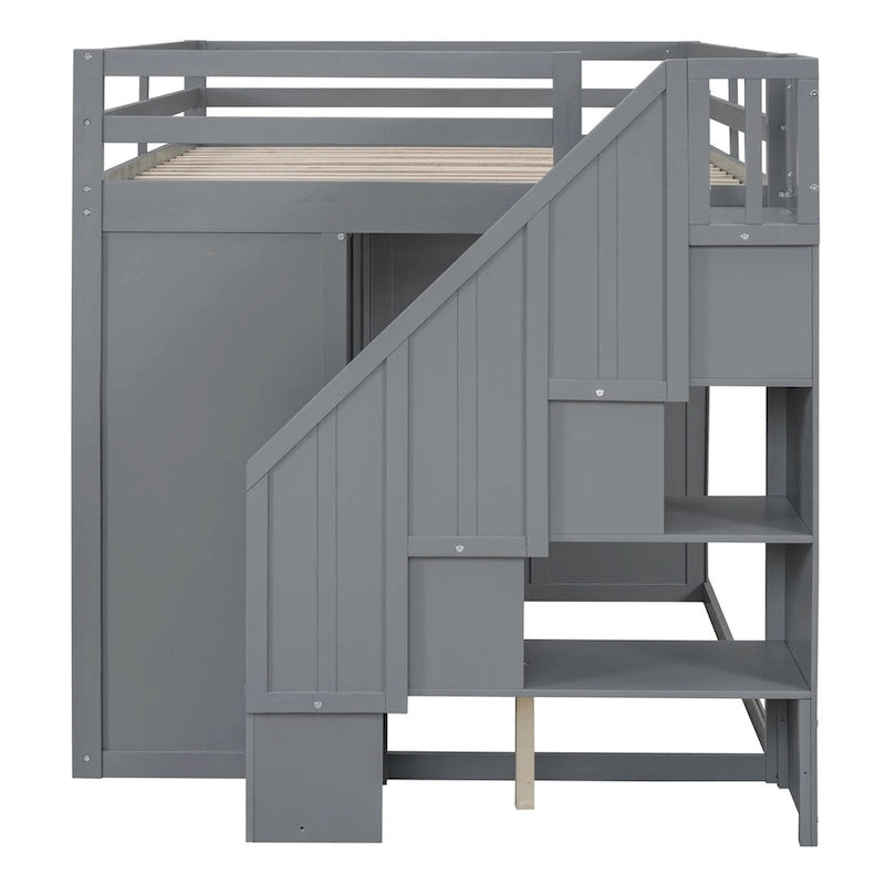 Merax Full Size Wood Loft Bed With Built-in Wardrobes, Cabinets and Drawers