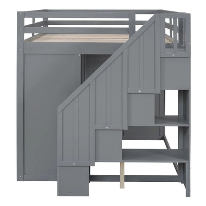 Merax Full Size Wood Loft Bed With Built-in Wardrobes, Cabinets and Drawers