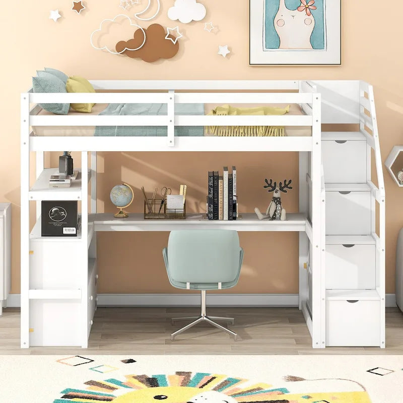 Loft Bed with Desk and Shelves, 2 Built-In Drawers, Storage Staircase