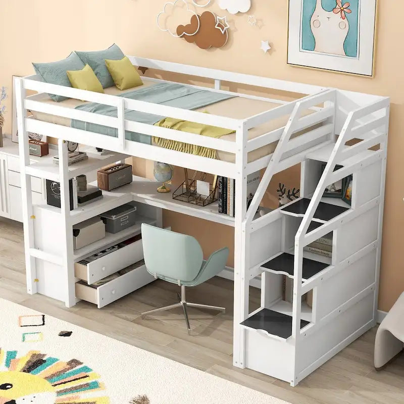Loft Bed with Desk and Shelves, 2 Built-In Drawers, Storage Staircase
