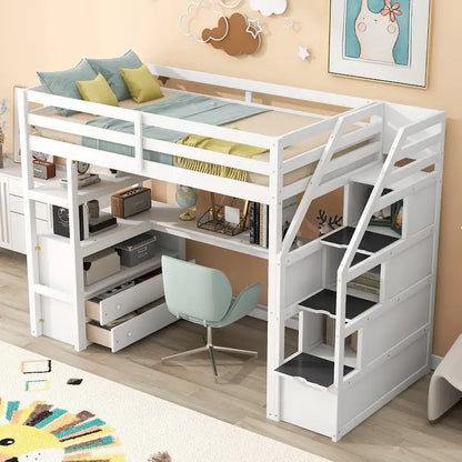 Loft Bed with Desk and Shelves, 2 Built-In Drawers, Storage Staircase
