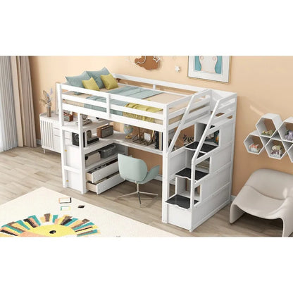 Loft Bed with Desk and Shelves, 2 Built-In Drawers, Storage Staircase
