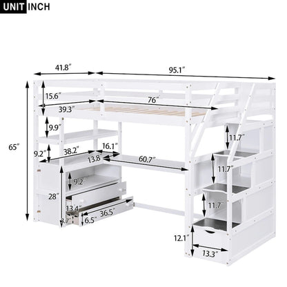 Loft Bed with Desk and Shelves, 2 Built-In Drawers, Storage Staircase