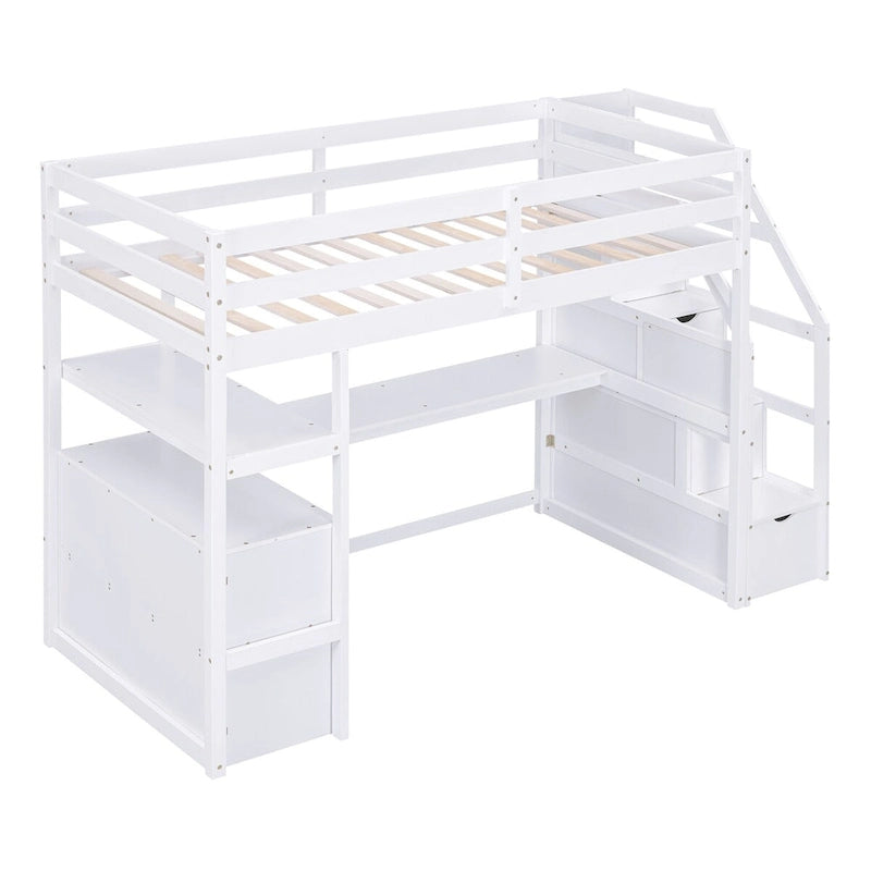 Loft Bed with Desk and Shelves, 2 Built-In Drawers, Storage Staircase