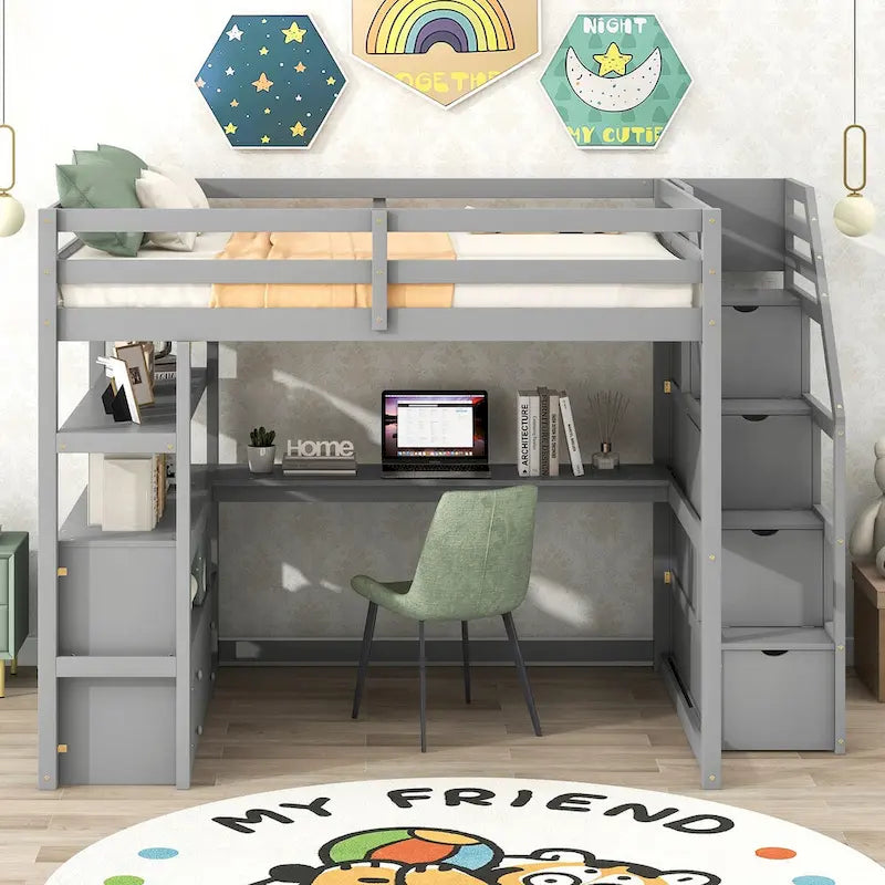 Loft Bed with Desk and Shelves, 2 Built-In Drawers, Storage Staircase