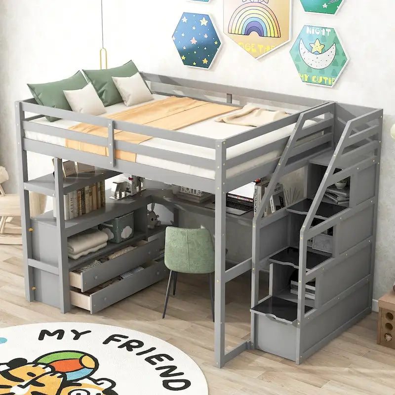 Loft Bed with Desk and Shelves, 2 Built-In Drawers, Storage Staircase