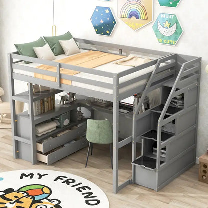 Loft Bed with Desk and Shelves, 2 Built-In Drawers, Storage Staircase