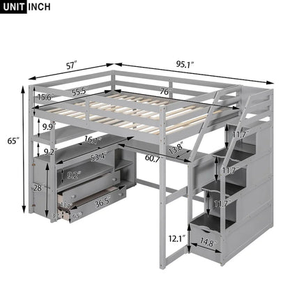 Loft Bed with Desk and Shelves, 2 Built-In Drawers, Storage Staircase