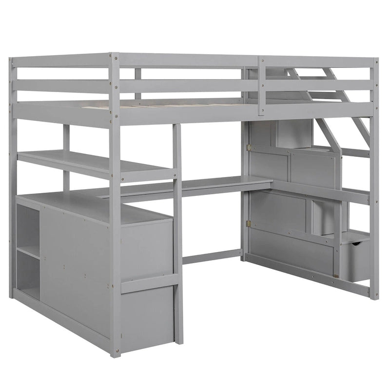 Loft Bed with Desk and Shelves, 2 Built-In Drawers, Storage Staircase