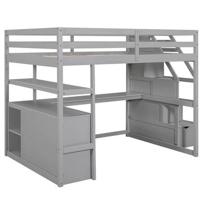 Loft Bed with Desk and Shelves, 2 Built-In Drawers, Storage Staircase