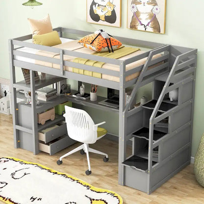Loft Bed with Desk and Shelves, 2 Built-In Drawers, Storage Staircase