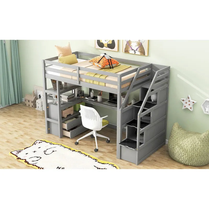 Loft Bed with Desk and Shelves, 2 Built-In Drawers, Storage Staircase