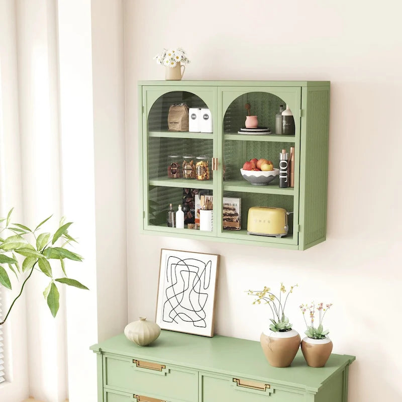 27.56Glass Doors Modern Two-door Wall Cabinet with Featuring Three-tier Storage for Entryway,with Characteristic Woven Pattern