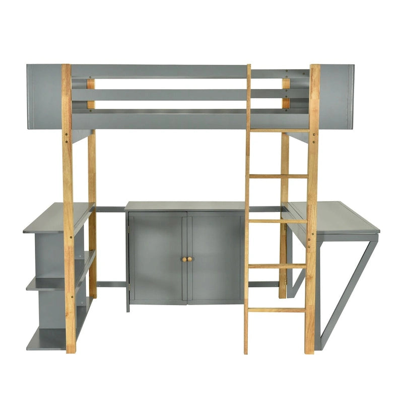 Full Size Wood Loft Bed With Cabinet and Cubes