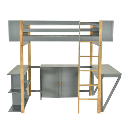 Full Size Wood Loft Bed With Cabinet and Cubes