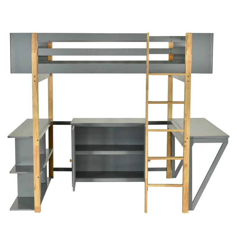 Full Size Wood Loft Bed With Cabinet and Cubes