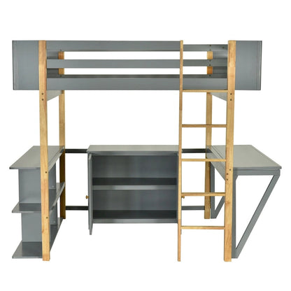 Full Size Wood Loft Bed With Cabinet and Cubes