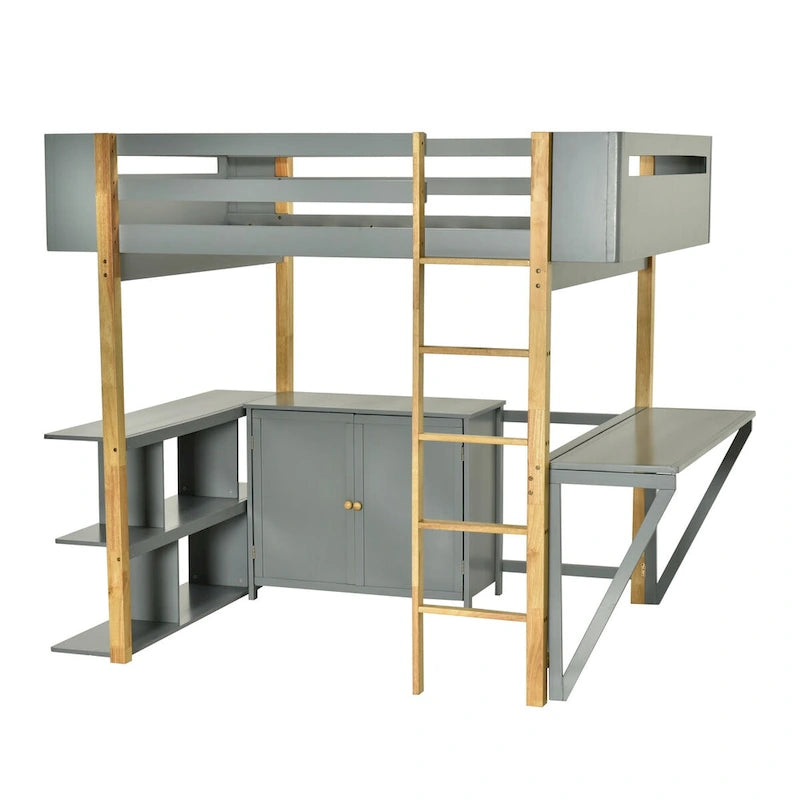 Full Size Wood Loft Bed With Cabinet and Cubes