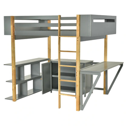 Full Size Wood Loft Bed With Cabinet and Cubes