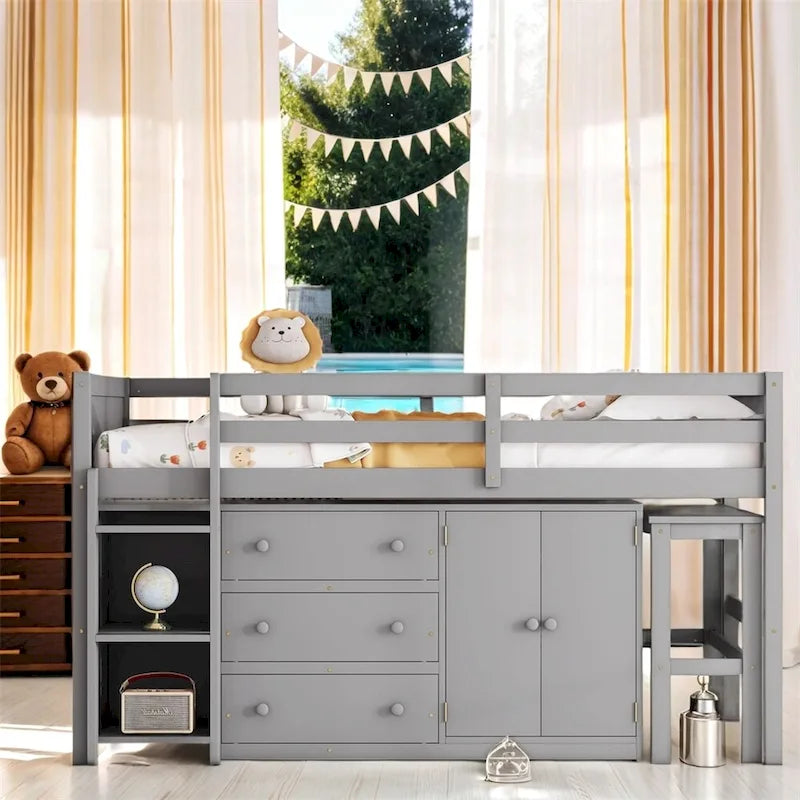 Twin Size Wood Loft Bed with Pull-Out Desk,Cabinet and Shelves