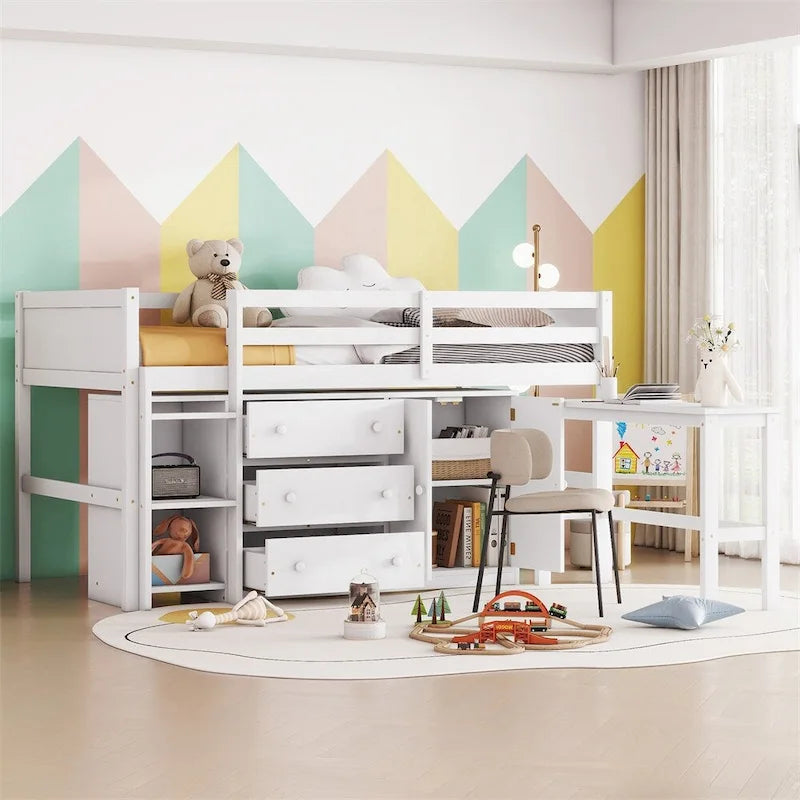 Twin Size Wood Loft Bed with Pull-Out Desk,Cabinet and Shelves