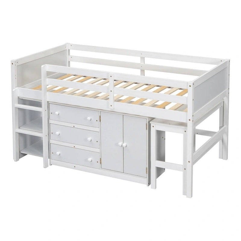 Twin Size Wood Loft Bed with Pull-Out Desk,Cabinet and Shelves