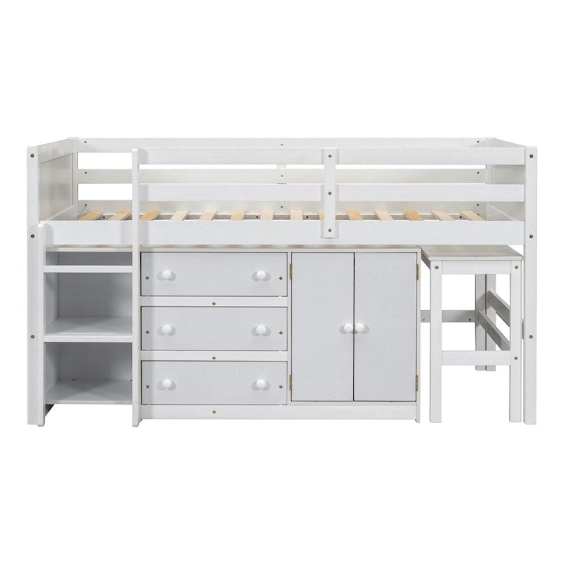 Twin Size Wood Loft Bed with Pull-Out Desk,Cabinet and Shelves