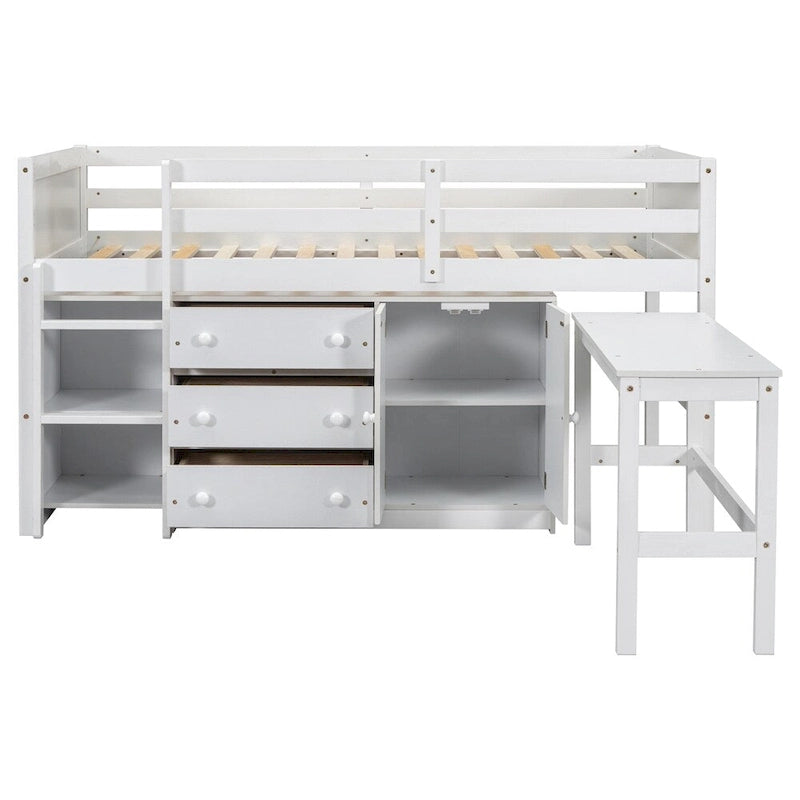 Twin Size Wood Loft Bed with Pull-Out Desk,Cabinet and Shelves