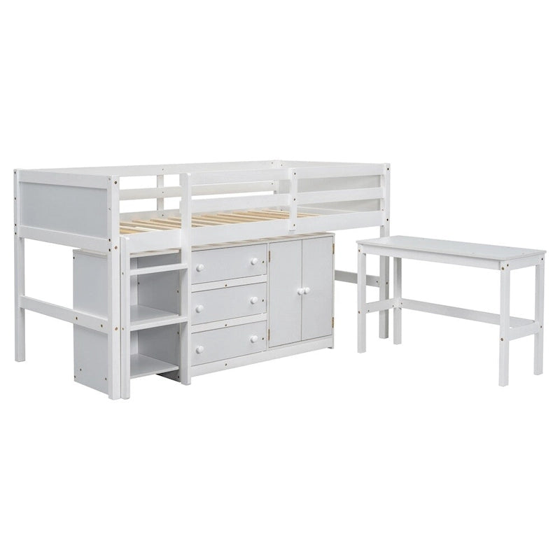 Twin Size Wood Loft Bed with Pull-Out Desk,Cabinet and Shelves
