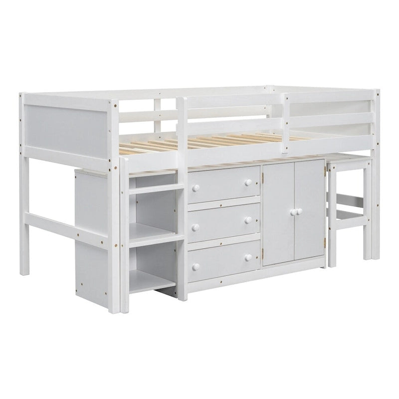 Twin Size Wood Loft Bed with Pull-Out Desk,Cabinet and Shelves
