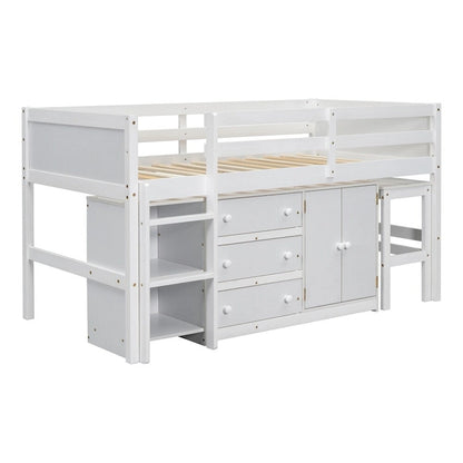 Twin Size Wood Loft Bed with Pull-Out Desk,Cabinet and Shelves