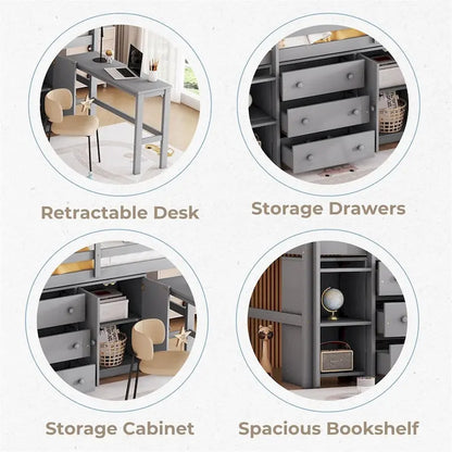 Twin Size Wood Loft Bed with Pull-Out Desk,Cabinet and Shelves