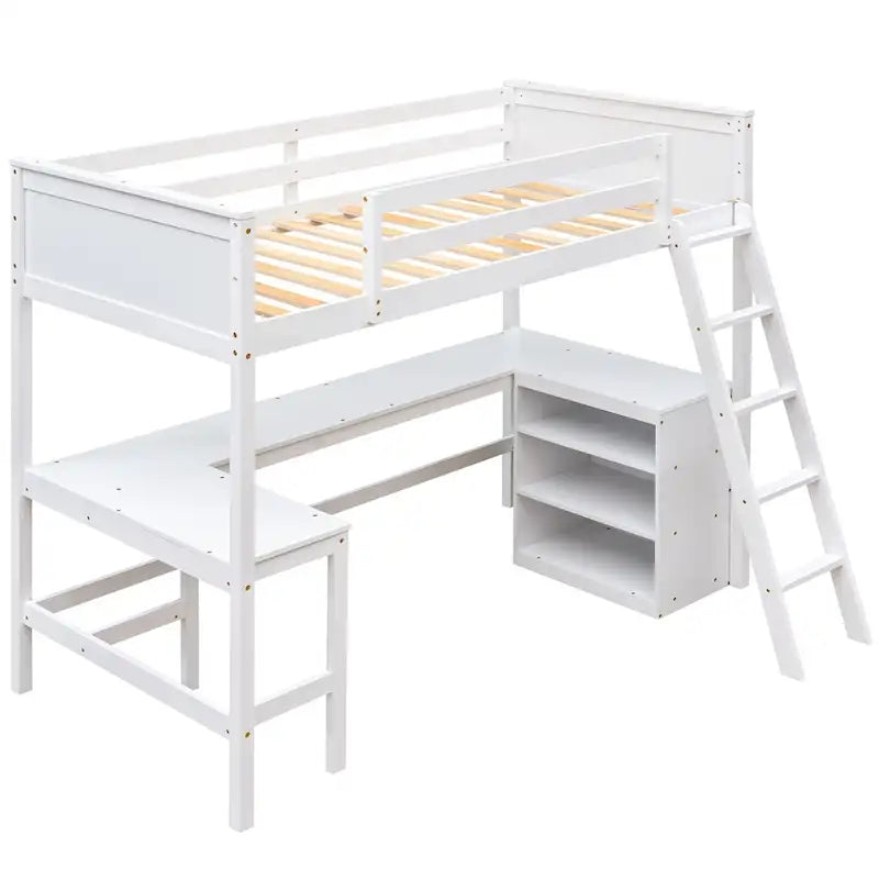 win Size Loft Bed with Shelves and Desk for Kids Teens Aldults, Wooden Loft Bed Frame with Lnclined Ladder and Safety Guardrail