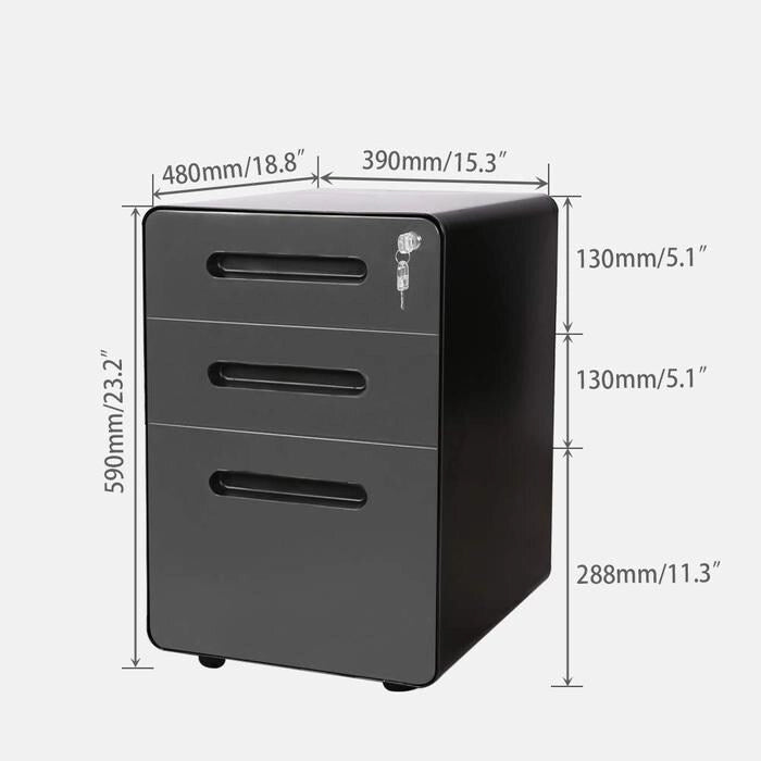 ApexDesk 3-Drawer Metal Mobile File Cabinet with Locking Keys & Casters