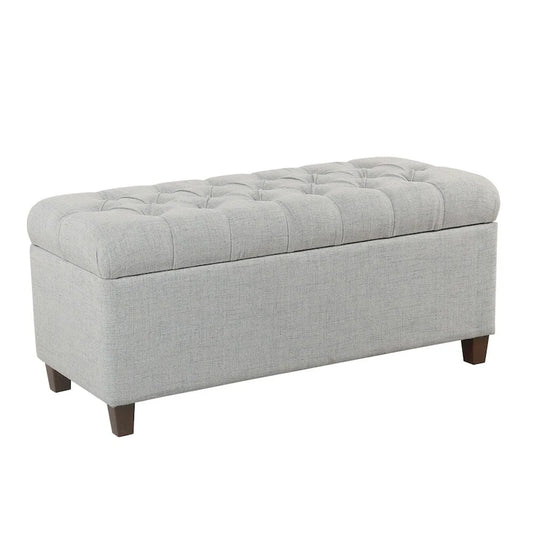 Fabric Upholstered Button Tufted Wooden Bench with Hinged Storage, Light Gray and Brown