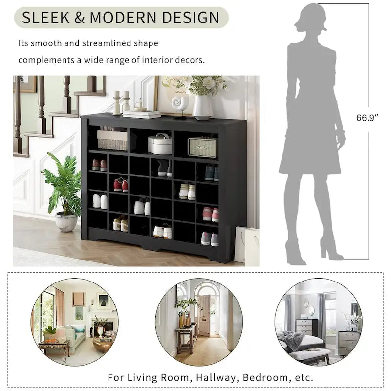 Sleek Design 24 Shoe Cubby Console, Modern Shoe Cabinet with Curved Base, Versatile Sideboard with High-quality for Hallway