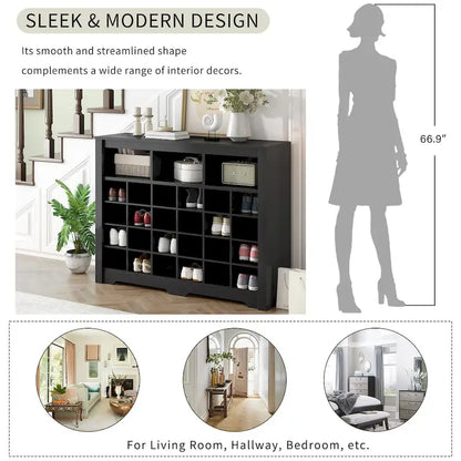 Sleek Design 24 Shoe Cubby Console, Modern Shoe Cabinet with Curved Base, Versatile Sideboard with High-quality for Hallway