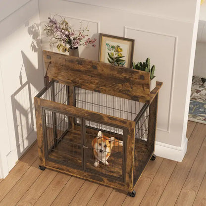 Furniture Style Dog Crate Side Table on Wheels with Double Doors and Lift Top,Rustic Brown,31.50 W x 22.05 D x 25 H.