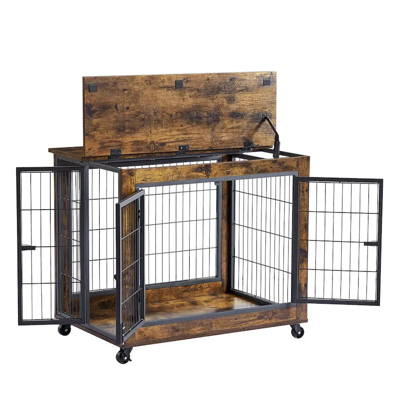Furniture Style Dog Crate Side Table on Wheels with Double Doors and Lift Top,Rustic Brown,31.50 W x 22.05 D x 25 H.