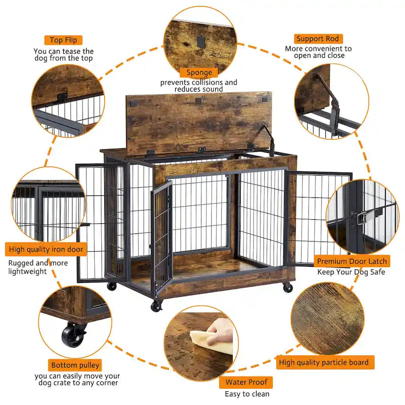 Furniture Style Dog Crate Side Table on Wheels with Double Doors and Lift Top,Rustic Brown,31.50 W x 22.05 D x 25 H.