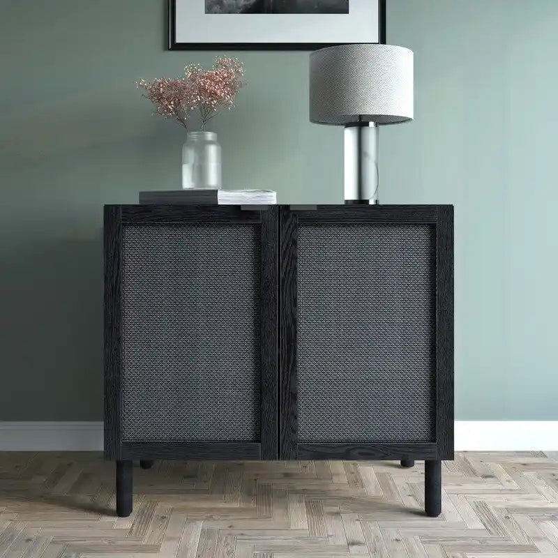 Orre Black With Black Rattan Cabinet 2 Door