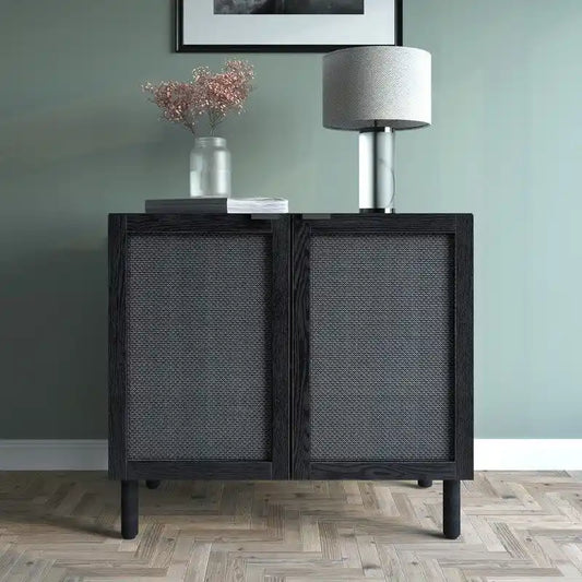 Orre Black With Black Rattan Cabinet 2 Door