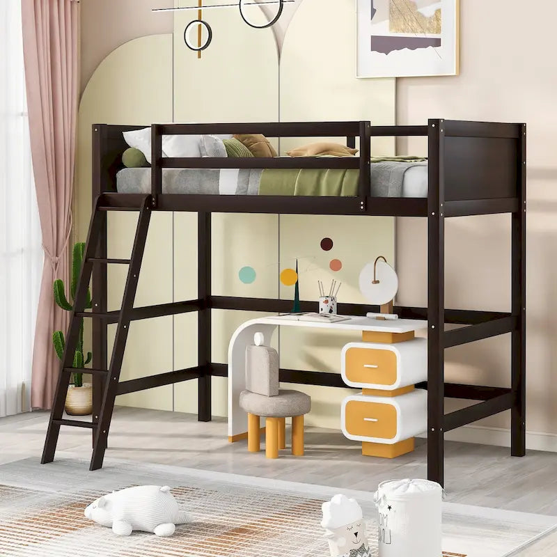 Solid Wood Twin Size Loft Bed with Safety Features