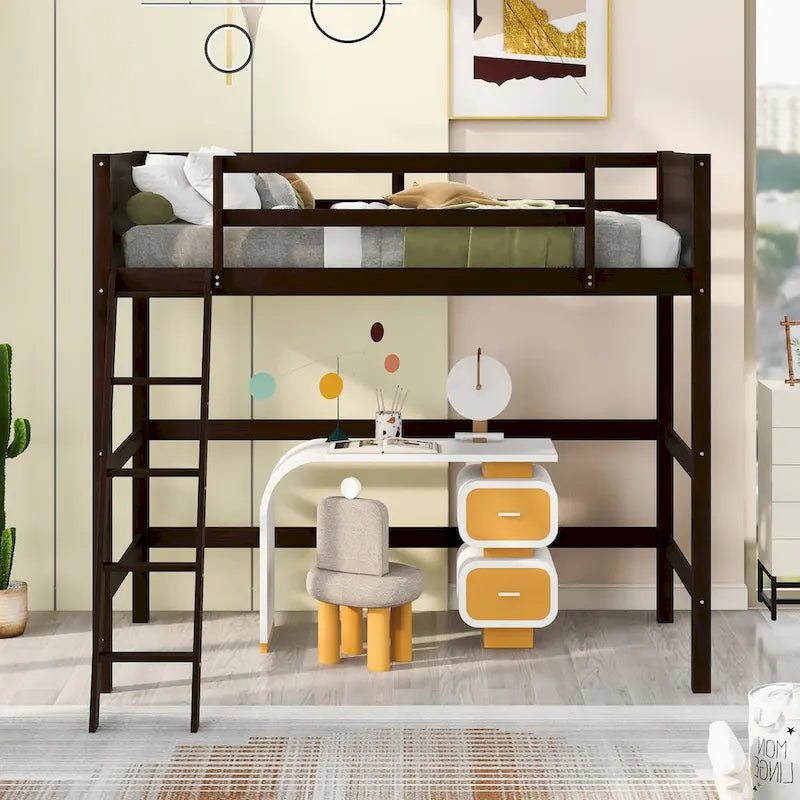 Solid Wood Twin Size Loft Bed with Safety Features