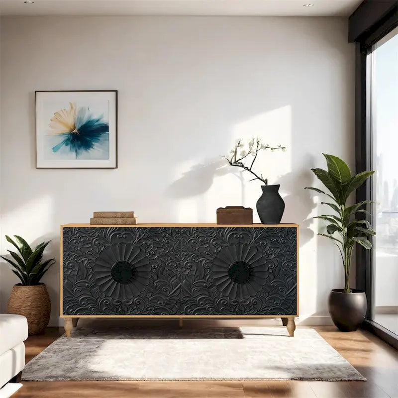 Black Carved Symmetrical Design Door And Wood Coloured Frame