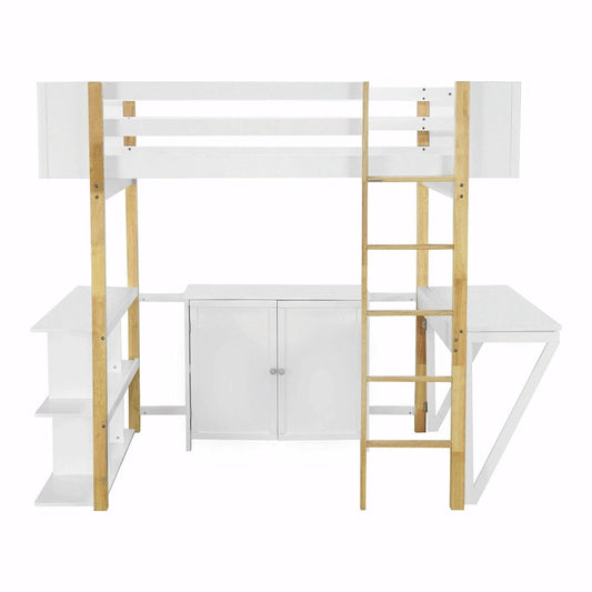 Wood Loft Bed With Built-in Storage Cabinet, Cubes, and Foldable Desk