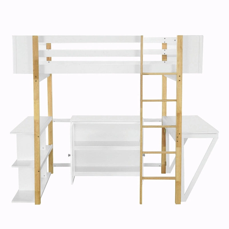 Wood Loft Bed With Built-in Storage Cabinet, Cubes, and Foldable Desk