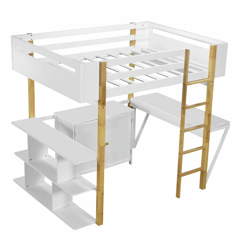 Wood Loft Bed With Built-in Storage Cabinet, Cubes, and Foldable Desk