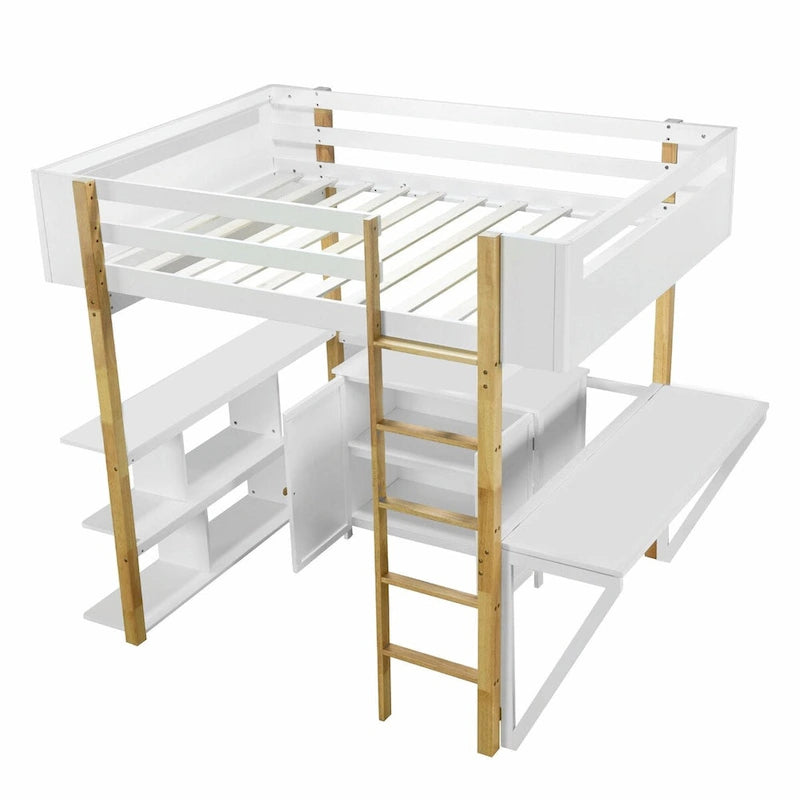 Wood Loft Bed With Built-in Storage Cabinet, Cubes, and Foldable Desk